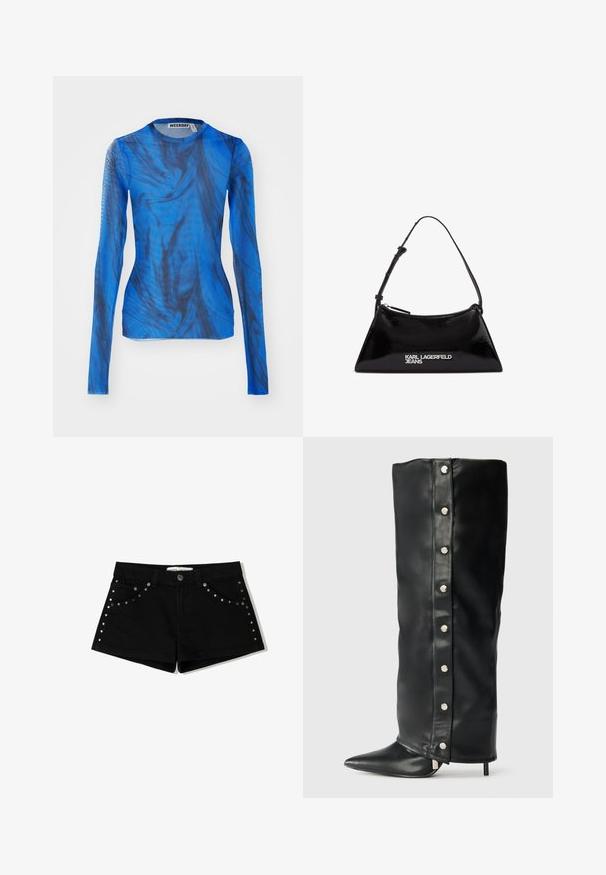 Bluză cu mânecă lungă, de culoare albastră, cu modele negre în spirală, fabricată dintr-un material ușor, semi-transparent. Gât rotund, design ajustat.; Şorturi din denim negru cu închidere cu nasture, având accente cu cuișoare pe buzunarele din față și pe cusăturile laterale. Lungime scurtă și croi clasic.; Cizme negre din piele cu toc înalt, având un design ajustat, vârf ascuțit și accente cu butoane metalice argintii pe lateral.; Geantă din piele patent neagră cu o formă triangulară, dotată cu un fermoar superior și o curea ajustabilă. Logo-ul "KARL LAGERFELD JEANS" în argintiu.
