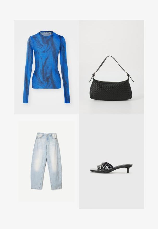 Langermige top in blauw met kronkelige zwarte patronen, gemaakt van een lichtgewicht, semi-doorzichtige stof. Ronde halslijn, aansluitend ontwerp.; Lichtblauwe denim jeans met een losse pasvorm, voorzien van een vervaagde afwerking, twee voorzakken en een knoopsluiting bij de taille.; Zwarte hoge sandaaltjes met meerdere glanzende banden en metallic accenten, met een puntige neus en bescheiden kitten heels. Gladde textuur.; Zwarte geweven schoudertas met een gladleren schouderband en rits sluiting. Heeft een gestructureerd oppervlak en een gebogen vorm.