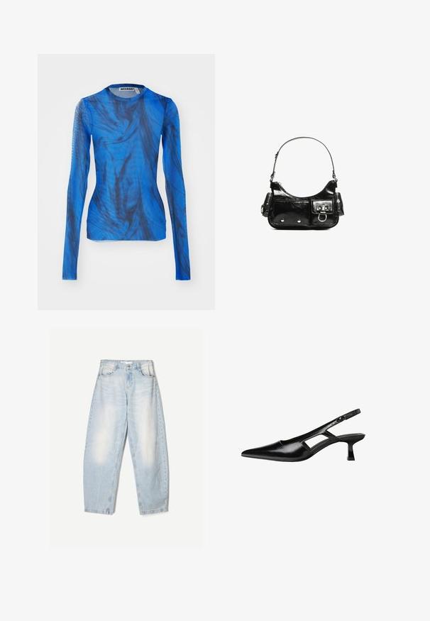 Długi rękaw w kolorze niebieskim z wirującymi czarnymi wzorami, wykonany z lekkiego, półprzezroczystego materiału. Okrągły dekolt, dopasowany krój.; Jasnoniebieskie dżinsy o luźnym kroju, z wyblakłym wykończeniem, dwoma przednimi kieszeniami i zapięciem na guzik w talii.; Czarne lakierowane czółenka na odkrytej pięcie z wąskim noskiem, z wykrojem po bokach i małym kwadratowym obcasem. Gładka faktura z minimalnymi akcentami.; Czarna torebka z lakierowanej skóry o zaokrąglonym kształcie, z jednym paskiem na ramię, przednimi kieszeniami i akcentami w kolorze srebrnym.