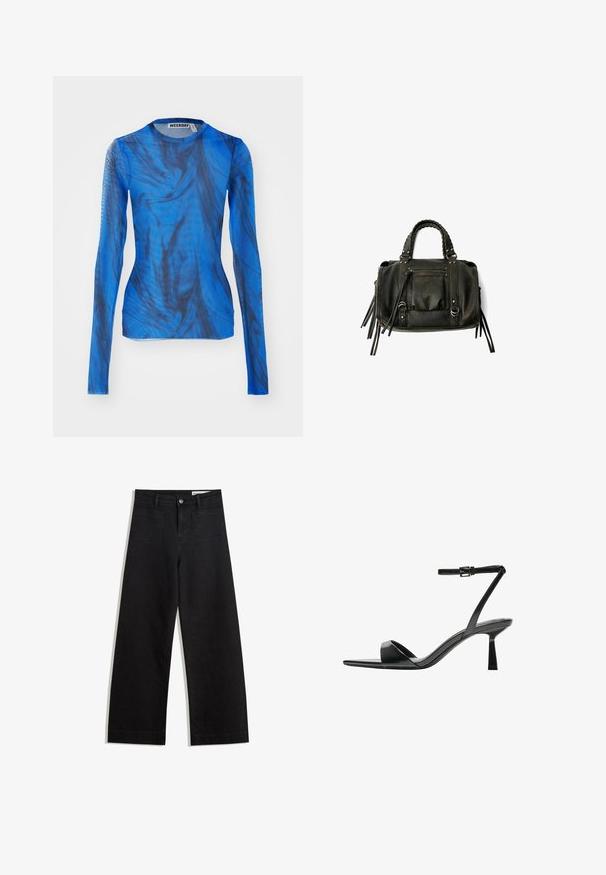 Maglietta a maniche lunghe blu con motivi neri a spirale, realizzata in un materiale leggero e semitrasparente. Collo a giro, design aderente.; Pantaloni in denim neri a gamba larga con vita alta, dotati di tasche anteriori e posteriori, cuciture a punto, e chiusura con bottone. Texture liscia.; Bershka Sandali con tacco - black; Borsa a tracolla in pelle nera con manici intrecciati, tasca con zip e nappine pendenti. Superficie texturizzata con borchie metalliche e dettagli in metallo.