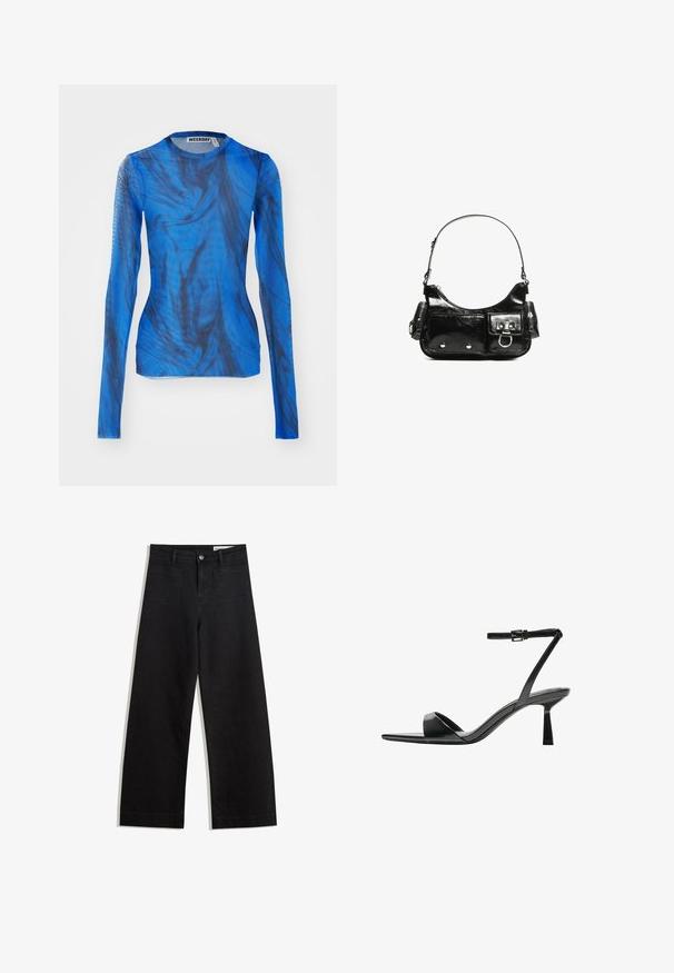 Langermige top in blauw met kronkelige zwarte patronen, gemaakt van een lichtgewicht, semi-doorzichtige stof. Ronde halslijn, aansluitend ontwerp.; Zwarte denim broek met wijde pijpen en een hoge taille, voorzien van voor- en achterzakken, gestikte naden en een knoopsluiting. Gladde textuur.; Bershka Sandalen met hoge hak - black; Zwarte laarzen in lakleer met een gebogen vorm, één schouderband, voorvakken en accenten in zilverkleurig metaal.