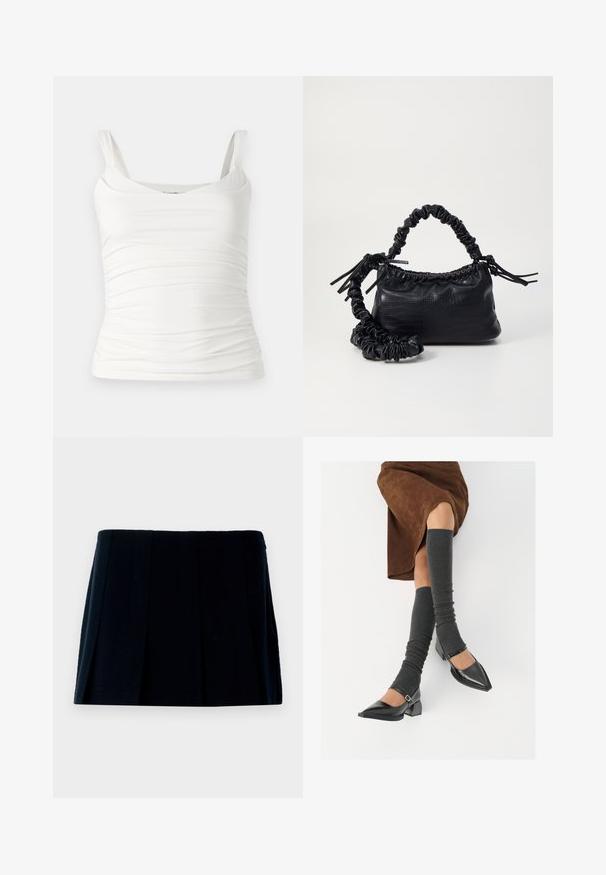 Biała bezrękawnikowa bluzka z okrągłym dekoltem. Posiada marszczoną teksturę po bokach, co nadaje dopasowany wygląd. Wykonana z miękkiego, elastycznego materiału.; Czarna, plisowana mini spódnica wykonana z materiału. Posiada prostą talię i wiele pionowych fałd dla kształtu i tekstury.; Czarne lakierowane buty na szpilce z prostokątnym obcasem i paskiem na kostce, zestawione z szarymi prążkowanymi ocieplaczami na nogi oraz brązową zamszową spódnicą.; Czarna torebka z syntetycznej skóry o teksturze krokodyla, z zaciąganym górnym zamknięciem i marszczonym paskiem. Wygląda na miękką i zwartą w designie.