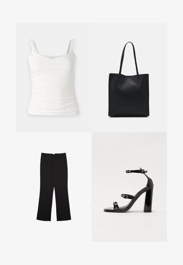 White sleeveless top with a scoop neckline. Features gathered texture along the sides for a fitted look. Made from soft, stretchable fabric.; Black trousers with a straight fit, featuring front pockets and side slits at the hem. Made of soft, smooth fabric. Suitable for various occasions.; Black patent heeled sandals with a square toe, ankle straps, and silver buckles. Features a chunky block heel for stability.; Black leather tote bag with smooth texture, rectangular shape, and two long handles. No visible hardware or embellishments.