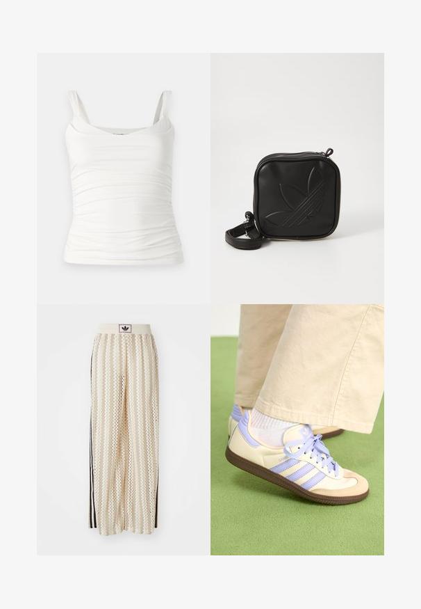 Biała bezrękawnikowa bluzka z okrągłym dekoltem. Posiada marszczoną teksturę po bokach, co nadaje dopasowany wygląd. Wykonana z miękkiego, elastycznego materiału.; Kremowe szerokie spodnie w stylu palazzo z wzorem w zygzak, z czarnym paskiem z logo oraz bocznymi czarnymi paskami. Lekki, teksturowany materiał.; Kremowe i lawendowe trampki z trzema paskami oraz teksturowaną brązową podeszwą, wyposażone w sznurówki i wyścieloną piętę. Górna część z miękkiego materiału.; Czarna torba na ramię wykonana z teksturowanego materiału syntetycznego. Posiada wytłoczone logo oraz regulowany pasek. Zamek błyskawiczny.