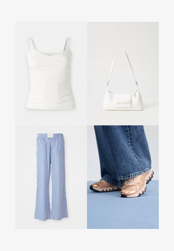 Witte mouwloze top met een ronde halslijn. Heeft geplooide textuur langs de zijkanten voor een aansluitende look. Gemaakt van zachte, rekbare stof.; Blauwe en witte gestreepte broek met een relaxte pasvorm, gemaakt van lichte stof, met een elastische tailleband en een subtiele logo-tag.; Sneakers met een metallic roségouden bovenwerk en een textuurdesign, met zwarte rubberen zolen. Gepaarde met wijde blauwe spijkerbroek.; Witte synthetische handtas met een driehoekige vorm, platte voorklep en strikdetail, verstelbare schouderriem, gladde textuur en minimalistisch ontwerp.