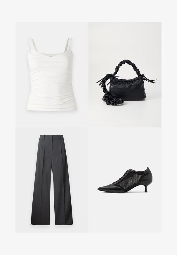 Balta bez piedurknēm bluze ar apaļu izgriezumu. Uz sāniem ir savākta tekstūra, lai radītu piegulošu izskatu. Izgatavota no mīksta, elastīga auduma.; Platās kājas bikses tumši pelēkā audumā, ar augstu jostasvietu, ar vienu uzpūstu vīli un gludu tekstūru ar tīru apdari ap malām.; Melnas norādītas kurpes ar sietu paneļa dizainu, kurām ir zems papēdis un šnuces priekšpuse. Izgatavotas no ādas un sieta materiāla kombinācijas.; Melnā mākslīgās ādas rokassoma ar krokodila rakstu, savilkta augšdaļa un saburzīta siksna. Izskatās mīksta un kompakta pēc dizaina.