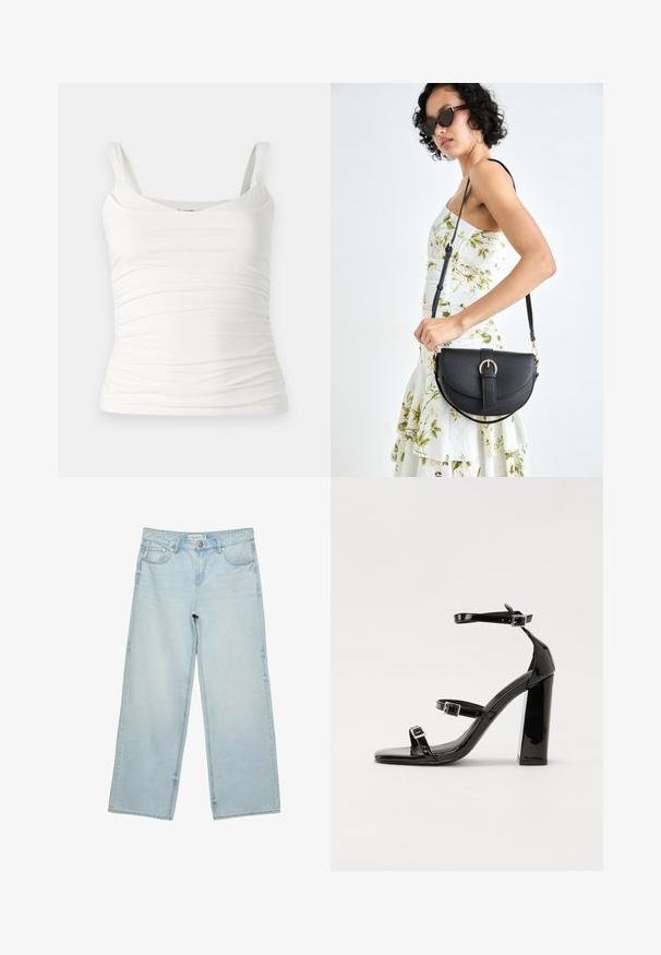 Bela brezrokavnik s krožnim izrezom. Ima nabran teksturo ob straneh za prilegajoč videz. Narejen je iz mehkega, raztegljivega materiala.; Svetlo modri široki jeans iz denima, z visokim pasom, petimi žepi in rahlim bledenjem. Ravno krojen s obdelanimi robovi.; Črne lakirane sandale s peto, kvadratnim prstom, trakovi okrog gležnja in srebrnimi zaponkami. Opremljene so s stabilno Debelo peto.; Črna usnjena torbica s ukrivljeno obliko, z odstranljivo naramnico in zlatimi dodatki. Torbica ima pokrov s podrobnostmi v obliki zaponke.