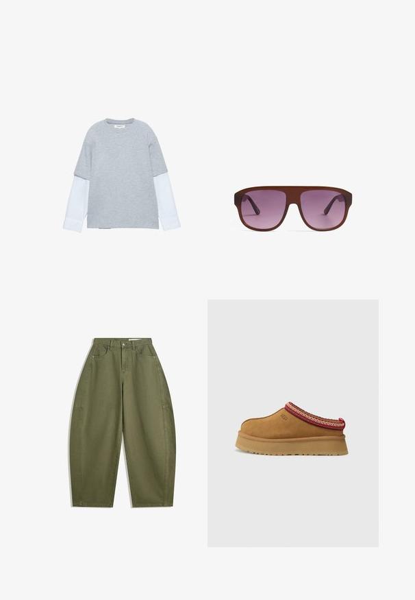 Szara koszulka z krótkimi rękawami, z białą koszulą z długimi rękawami pod spodem. Miękka tkanina bawełniana, luźny krój.; Oliwkowe spodnie o szerokich nogawkach wykonane z bawełny, z wysokim stanem, przednimi kieszeniami i gładką teksturą. Bez zdobień ani wzorów.; Brązowy zamszowy but wsuwany z czerwono-kremowym ozdobnym wykończeniem, teksturowaną podeszwą i logo UGG z boku. Posiada lekko podwyższone podłoże.; Brązowe okulary przeciwsłoneczne z dużymi prostokątnymi oprawkami i gradientowymi fioletowymi soczewkami. Ramiona są smukłe i kontynuują kolor oprawki.; Ciemnobrązowa surowa torba hobo na ramię z szerokim, regulowanym skórzanym paskiem oraz miękką, workowatą formą na białym tle.