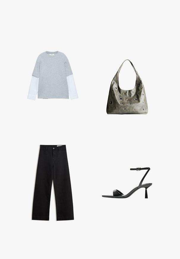 Tricou gri cu mâneci scurte, având un strat de cămașă albă cu mâneci lungi dedesubt. Fabrică dintr-un amestec de bumbac moale, cu o croială lejeră.; Pantaloni din denim negri cu picioare largi, cu talie înaltă, având buzunare frontale și posterioare, cusături dublate și închidere cu nasture. Textură netedă.; Bershka Sandale cu toc - black; Geantă din piele de culoare verde măslin, cu un design relaxat, având decupaje circulare de diverse dimensiuni și accente în nuanțe mai închise și mai clare.