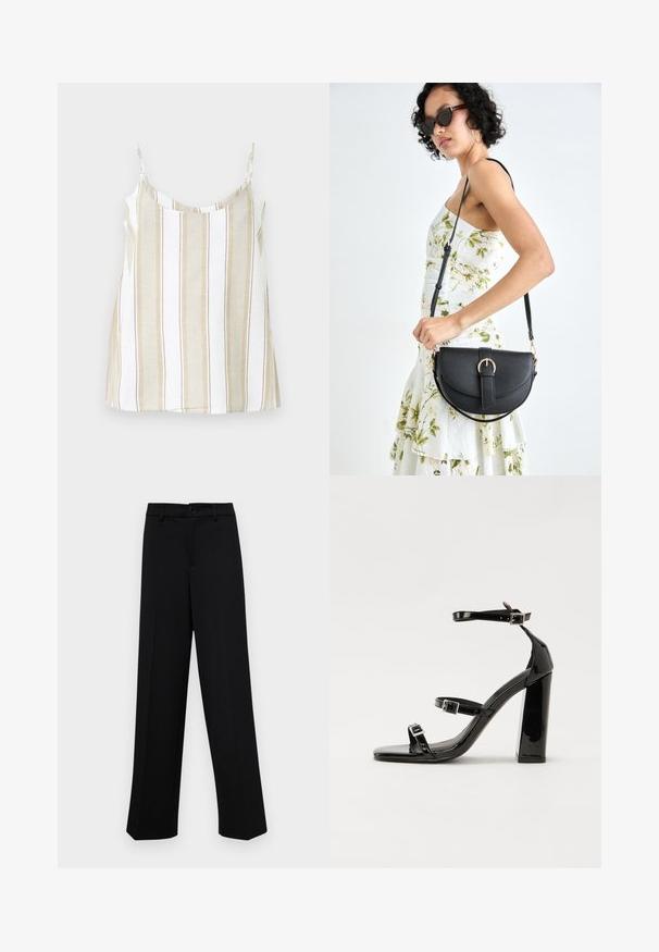 Strapless top with a relaxed fit, featuring vertical beige and white stripes. Made from a lightweight fabric with a smooth texture.; Black wide-leg trousers made of smooth fabric, featuring a classic waistband with a button closure and front pleats.; Black patent heeled sandals with a square toe, ankle straps, and silver buckles. Features a chunky block heel for stability.; Black leather handbag with a curved shape, detachable strap, and gold hardware. The bag features a flap with a buckle detail.