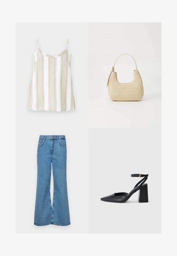 Strapless top with a relaxed fit, featuring vertical beige and white stripes. Made from a lightweight fabric with a smooth texture.; Light blue flared jeans made of denim, featuring a high waist, five pockets, and a single button closure. Soft texture with faded finish.; Black leather pointy-toe pump with an ankle strap and a chunky heel. Flat texture, sleek design, and minimalistic aesthetics.; Woven straw handbag in beige with a curved shape, a short handle, and a side zipper. Features textured surface and minimalistic design.