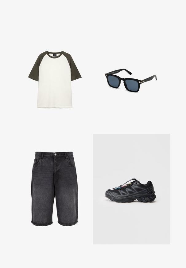 T-shirt met korte mouwen van katoen, met een witte stof en donkergroene raglanmouwen en een ronde hals.; Zwarte denim short met een relaxte pasvorm, vijf zakken en een knoopsluiting. De stof heeft een zachte textuur met subtiele vervaging.; Zwarte sportieve schoen met een gestructureerd mesh bovenwerk, versterkte neus en een snel-vetersysteem. Beschikt over een robuuste buitenzool en een lichte hakverhoging.; Zwarte vierkante zonnebril met donkere lenzen, matte afwerking en gouden metalen accenten op de poot, met een minimalistisch ontwerp.