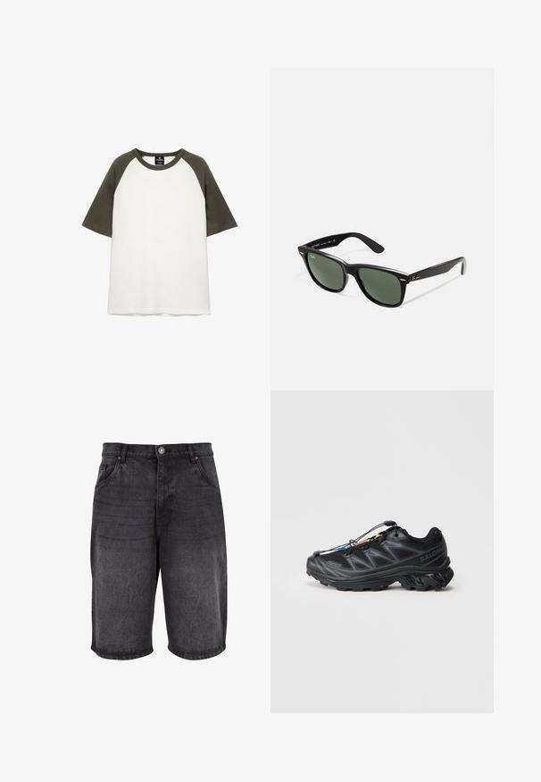 Tričko s krátkým rukávem vyrobené z bavlny, s bílým tělem a tmavě zelenými raglánovými rukávy, klasickým kulatým výstřihem.; Černé denimové šortky s uvolněným střihem, pěti kapsami a zapínáním na knoflík. Tkanina má hladkou texturu s jemným vyblednutím.; Černá atletická bota s texturovaným síťovaným svrškem, zpevněnou špičkou a rychlým systémem šněrování. Disponuje robustní podešví a mírným zvýšením paty.; Černé plastové sluneční brýle se zelenými skly, čtvercové obroučky, stříbrný detail na obočí a texturované stranice. Značka uvedená na vnitřní straně stranic.