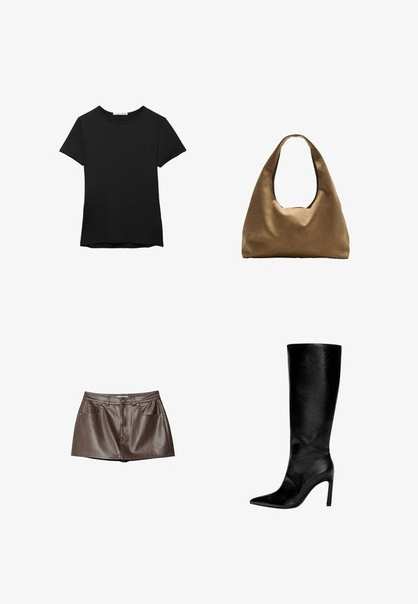 Czarny t-shirt z krótkim rękawem wykonany z gładkiego materiału. Posiada okrągły dekolt i luźny krój z prostym wykończeniem hemu.; Brąskowa skórzana mini spódnica z gładką fakturą, szlufkami na pasek, przednimi kieszeniami i zapięciem na guzik w talii.; Czarna skórzana kozaczka za kolano z ostrym noskiem, wysokim obcasem typu stiletto, gładkim wykończeniem i prostym, eleganckim designem bez ozdób.; Brązowa torba na ramię z szerokim, zaokrąglonym kształtem i dużym wyciętym uchwytem. Miękka tekstura, minimalistyczny design i brak widocznych elementów metalowych.