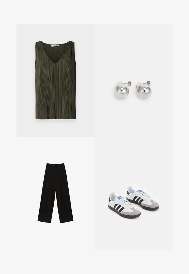 Samsøe Samsøe SAUMA ciemnozielony; Czarne szerokie spodnie o wysokim stanie, z paskiem w talii i fałdami dla uzyskania faktury. Wykonane z gładkiego, lekkiego materiału.; Buty sportowe z białą skórzaną cholewką, szarym zamszowym noskiem i trzema czarnymi paskami. Posiadają niebieskie logo na języku oraz teksturowaną gumową podeszwę.; Srebrne kolczyki w kształcie kropli z zaokrąglonymi, odbijającymi światło powierzchniami; minimalistyczny design z gładką fakturą i subtelnym detalem brandingowym.