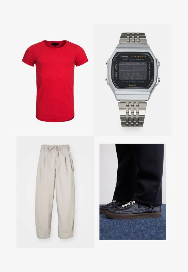 Rød bomulls t-skjorte med rund hals, korte oppbrettede ermer, og en lett buet nederkant. Stoffet har en subtil tekstur og er tettsittende.; Beige, lette bukser med elastisk midje og snor. Har folder og løs passform, laget av myk og glatt stoff.; Nike Sportswear KILLSHOT 2 LTR PRM OPP2 - Joggesko - black sail baroque brown mtlc dk grey; Casio STEP TRACKER UNISEX - Digitalklokke - black