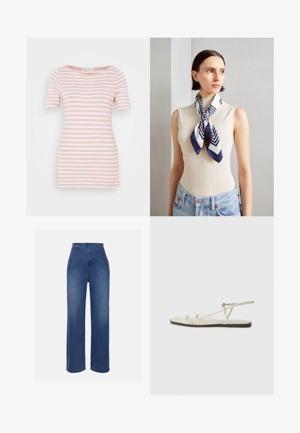 Šviesiai rožinė ir balta dryžuota marškinėliai, pagaminti iš minkštos medžiagos. Turi apvalų iškirpimą ir trumpas rankoves, su tiesiu apatine briauna.; Aukštos liemens džinsai, vidutinio mėlynumo. Yra priekiniai mygtukų akcentai ir plati kojų forma. Audinys turi lygią tekstūrą su lengvu apdailos nusidėvėjimu.; Bežiniai plokšti sandalai su keliais lieknais dirželiais ir reguliuojamu užsegimu. Padas plokščias, su lengvu tamsiu kontrastu krašte.; Šilkinė šalikas tamsiai mėlynos ir baltos spalvos su geometriniu zigzagu raštu. Lygus tekstūros, tvarkingai surištas aplink kaklą, papildantis raukšlėtą viršų.