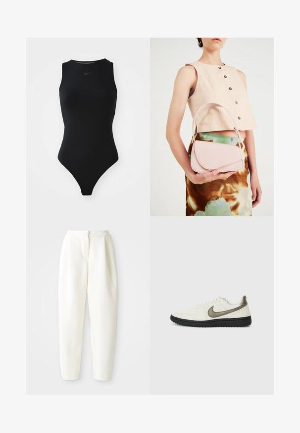 Maiô preto sem mangas com um design elegante, gola alta e logótipo da Nike no peito. Feito de um tecido liso e elástico.; Calças brancas de cintura alta e corte tapered com fecho frontal oculto e bolsos laterais, exibidas contra um fundo branco liso.; Nike Sportswear FIELD GENERAL - Sapatilhas - off-white/black; Bolsa de mão rosa em pele com aba curva, alça única para o ombro e linhas limpas. A bolsa apresenta uma textura suave e um design minimalista.