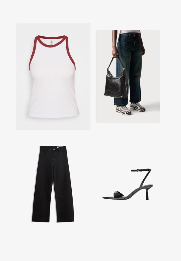 Top de bumbac alb cu nervuri, cu guler și brațe rotunde în contrast burgund; design ajustat, textură moale și stil minimalist.; Pantaloni din denim negri cu picioare largi, cu talie înaltă, având buzunare frontale și posterioare, cusături dublate și închidere cu nasture. Textură netedă.; Bershka Sandale cu toc - black; Geantă de umăr din piele neagră, cu o textură netedă și curea ajustabilă, asortată cu blugi evazați și adidași.