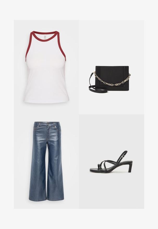 Bijela rebrasta majica bez rukava s bordo kontrastnim okruglim izrezom i otvorima za ruke; uski kroj, meka tekstura i minimalistički stil.; Široke traperice u tamnoplavoj boji, s glatkom teksturom, dizajnom s pet džepova i kontrastnim šavovima. Prednje zatvaranje na dugme i patentni zatvarač.; Crne sandale s trakama, kvadratnim prstom i niskom blok petom. Ima više tankih trakica i podesivu trakicu oko gležnja. Izrađene su od glatke kože.; Crna kožna torba preko tijela s glatkom teksturom, pravokutnim oblikom i metalnim lancem na prednjoj strani. Uključena je podesiva naramenica.; Srebrna dvostruka prsten s glatkom, poliranom površinom. Karakterizira ga fluidan, zakrivljen dizajn s preklapajućim sekcijama za moderan izgled.