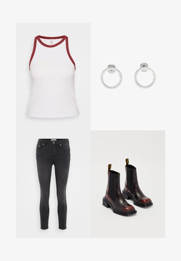 Balta ribota t-kreklā ar bordo kontrastējošu apaļu kaklu un rokām; pieguļošs dizains, maiga tekstūra un minimālistisks stils.; Melni skinny džinsi, izgatavoti no denima. Iespējama priekšējā pogu aizdare un iešūta kabata jostasvietā. Gluda tekstūra ar minimālu izbalēšanu.; Dr. Martens MAYBOLE CHELSEA - Puszābaki ar platformu - black/cherry red; Sudraba metāla gredzenveida auskari ar matētu faktūru, ar apaļu dizainu un caurspīdīgu aizdari, lai nodrošinātu drošu valkāšanu.