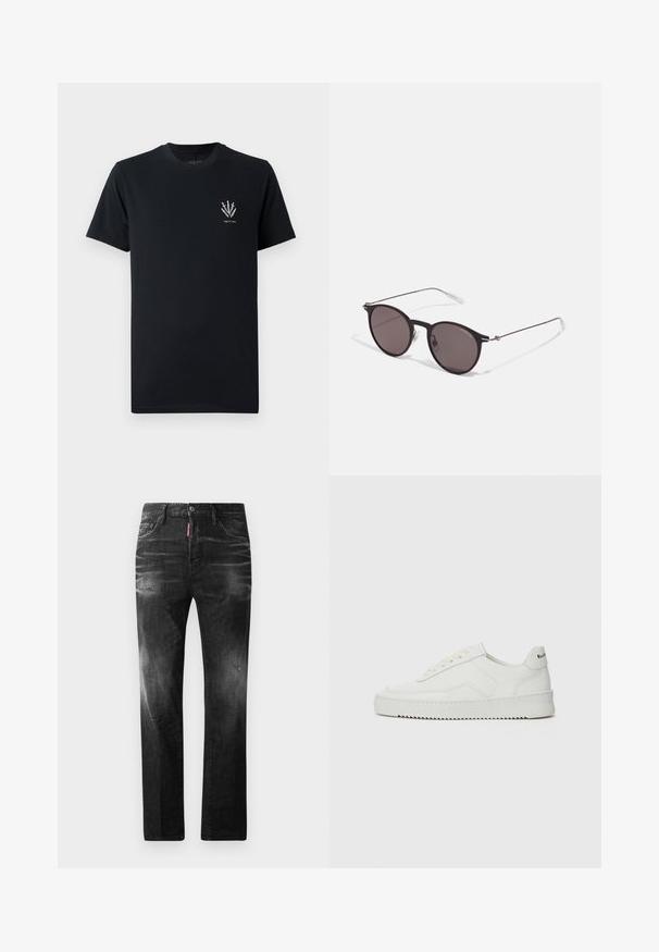 T-shirt en coton noir avec un col rond, des manches courtes et un petit graphisme d'épées blanches sur la partie gauche de la poitrine.; Jean en denim noir avec une coupe droite. Présente des zones décolorées, un léger effet usé, un design classique à cinq poches et une fermeture à bouton.; Baskets en cuir blanc avec une finition lisse, bout arrondi, lacets plats et semelle texturée. Présente un logo discret sur le talon.; Lunettes de soleil noires rondes avec verres sombres et branches en métal fines. Comprend des embouts transparents et des accents argentés au niveau de la charnière. Design minimaliste.