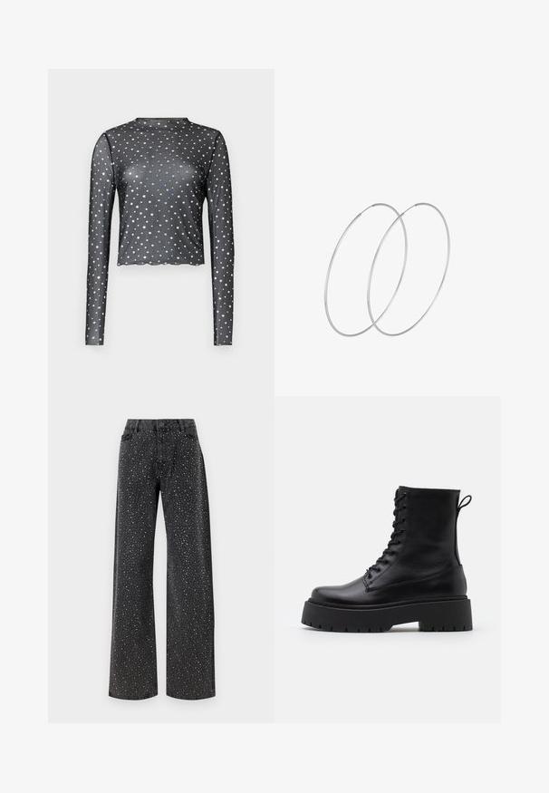 Crna dugorukava majica od prozirnog materijala, s valovitim rubom i srebrnim uzorkom zvijezda po cijeloj površini. Prilagodljiv dizajn.; Noisy May NMJANNEL LOOSE - Traperice opuštenog kroja - black denim; Crne kožne gležnjače s okruglim vrhom, vezanjem sprijeda i debelim gumenim potplatom s teksturiranim uzorkom. Tipa: traka za vuču na stražnjoj strani.; Srebrne okrugle naušnice s minimalističkim dizajnom. Kružni oblik, glatka tekstura i tanak profil. Lagane s poliranim završetkom.