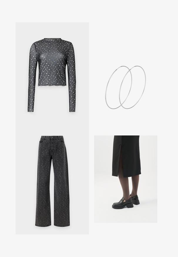 Czarny top z długim rękawem wykonany z przezroczystej tkaniny, z falbaniastym dołem i srebrnym nadrukiem gwiazdek w całej powierzchni. Dopasowany krój.; Noisy May NMJANNEL czarny denim; Czarne skórzane buty z okrągłym noskiem, grubym blokowym obcasem i elastycznymi akcentami po bokach, zestawione z ciemnymi rajstopami i czarną spódnicą z rozcięciem.; Srebrne kolczyki w formie obręczy o minimalistycznym designie. Okrągły kształt, gładka faktura i cienki profil. Lekkie, z polerowanym wykończeniem.