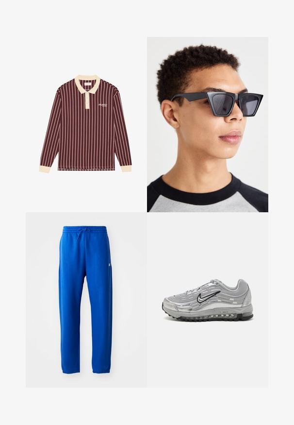 Camisola polo de manga longa em bordeaux com riscas verticais em creme, gola em creme e logótipo bordado no peito, apresentando punhos canelados.; Calças de fato de treino azuis feitas de um tecido suave, com uma cintura elástica com cordão, pernas ajustadas e um pequeno detalhe de logotipo na lateral.; Sapatilhas Nike Air Max cinzas com um upper em malha e sintético, design em forma de onda, acentos em preto e uma unidade de amortecimento de ar visível.; Óculos de sol angulares pretos com lentes escuras, apresentando um design geométrico arrojado e um acabamento mate. Usados por uma pessoa com cabelo curto.