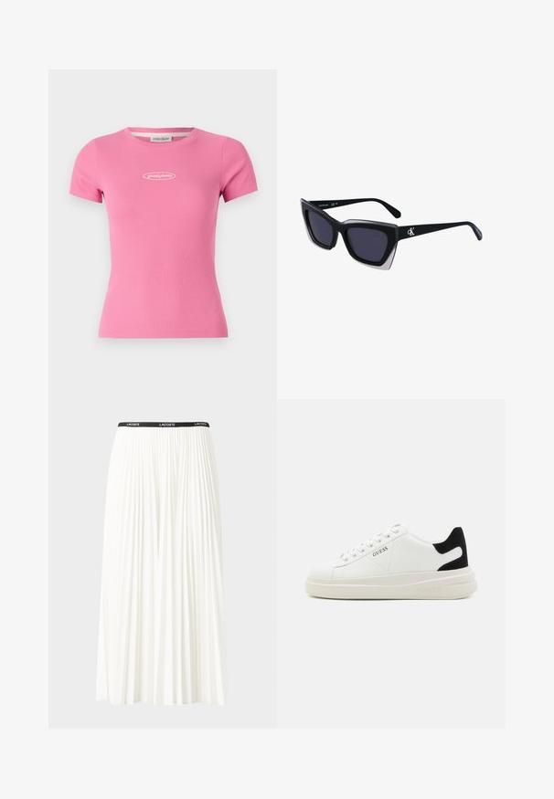 Roza rebrasta majica s prilegajočim krojem, z okroglo izrezana in majhnim logotipom "guess jeans" v beli barvi na prsih.; Gubasta bela krila z črnim elastičnim pasom, ki nosi logotip "LACOSTE". Srednje dolga zasnova z mehkobo tkanine.; Bele usnjene športne copate z debelim belim podplatom, črnimi semišnimi detajli na peti in utisnjenim logotipom na strani. Zavezovanje s šestimi luknjicami.; Črne prevelike sončne očala geometrijske oblike, z temnimi lečami in kontrastno sivo podrobnostjo na okvirju. Logo na ročaju.