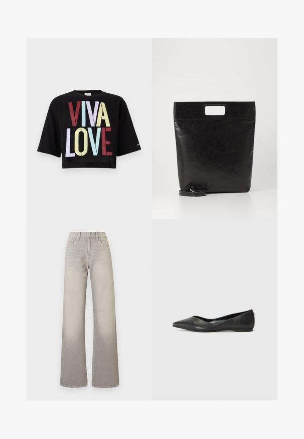 Camiseta corta negra con un audaz gráfico "VIVA LOVE" en texto rojo, amarillo, azul y púrpura claro. Mangas cortas y cuello redondo.; Jeans de pierna ancha grises con un acabado desgastado, cierre de botón, diseño de cinco bolsillos y costuras decorativas a lo largo de las costuras.; Bailarina de cuero negro con puntera afilada, tacón bajo y textura suave. Diseño minimalista con un sutil acento lateral.; Bolsa tote de cuero negro con un asa cuadrada, que presenta un acabado texturizado y un logo en relieve. Incluye una correa desmontable.