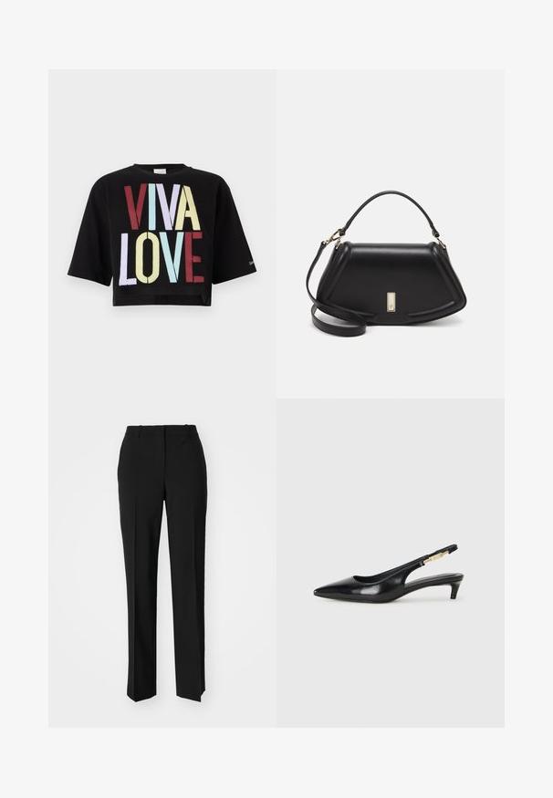 Black cropped t-shirt featuring bold "VIVA LOVE" graphic in red, yellow, blue, and light purple text. Short sleeves and round neckline.; Black tailored trousers with a straight-leg design, featuring a smooth texture and crisp creases along the front. No visible hardware.; Black leather slingback heels with a pointed toe, featuring a slim heel and a gold-tone accent on the adjustable strap. Smooth texture.; Black leather handbag with a structured design, featuring a cropped shape, top handle, and gold hardware accent. Adjustable shoulder strap included.