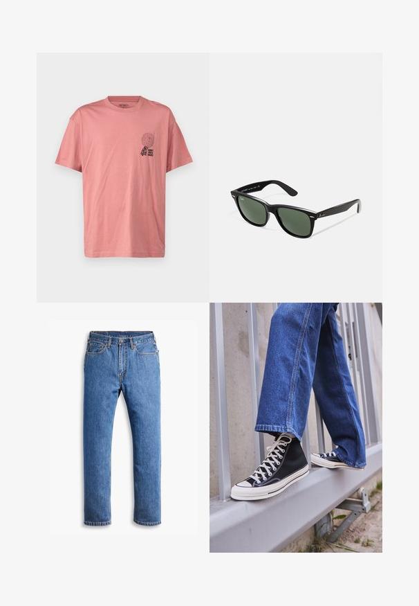 Camiseta de algodón rosa con cuello redondo, mangas cortas y un estampado gráfico en el lado izquierdo del pecho que presenta texto y un elemento de diseño.; Jeans de mezclilla azul con corte recto, que cuentan con cinco bolsillos, cierre de botón y acentos de costura naranja sobre un fondo blanco limpio.; Zapatillas de deporte negras de caña alta con suela y cordones blancos, combinadas con unos vaqueros de denim azul holgados, apoyadas en una barandilla gris.; Gafas de sol de plástico negro con lentes verdes, montura cuadrada, acento plateado en la ceja y brazos texturizados. Marca indicada en el brazo interno.