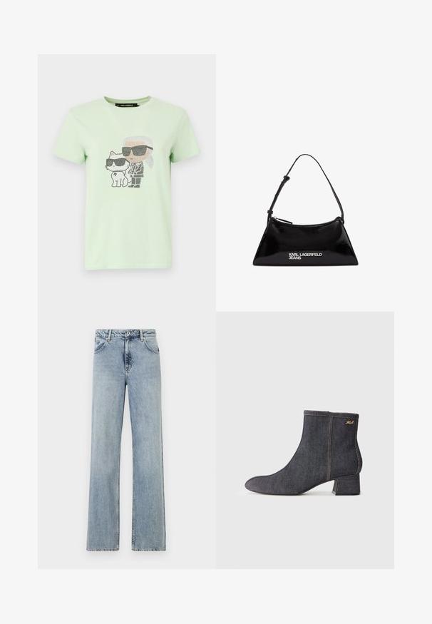 Světle zelené bavlněné tričko s potiskem postavy a kočky, obě ve slunečních brýlích s tečkovanými detaily. Kulatý výstřih a krátké rukávy.; Světlé modré džínové kalhoty širokého střihu. Obsahují zapínání na knoflík a zip, přední kapsy a mírné vyblednutí. Čisté lemy.; Tmavé džínové kotníkové boty s špičatou špičkou, blokovým podpatkem, viditelným švem a jemným logem značky na boku. Hladká textura.; Černá kabelka z lakované kůže s trojúhelníkovým tvarem, vybavená horním zipem a nastavitelným popruhem. Logo "KARL LAGERFELD JEANS" v stříbrné barvě.
