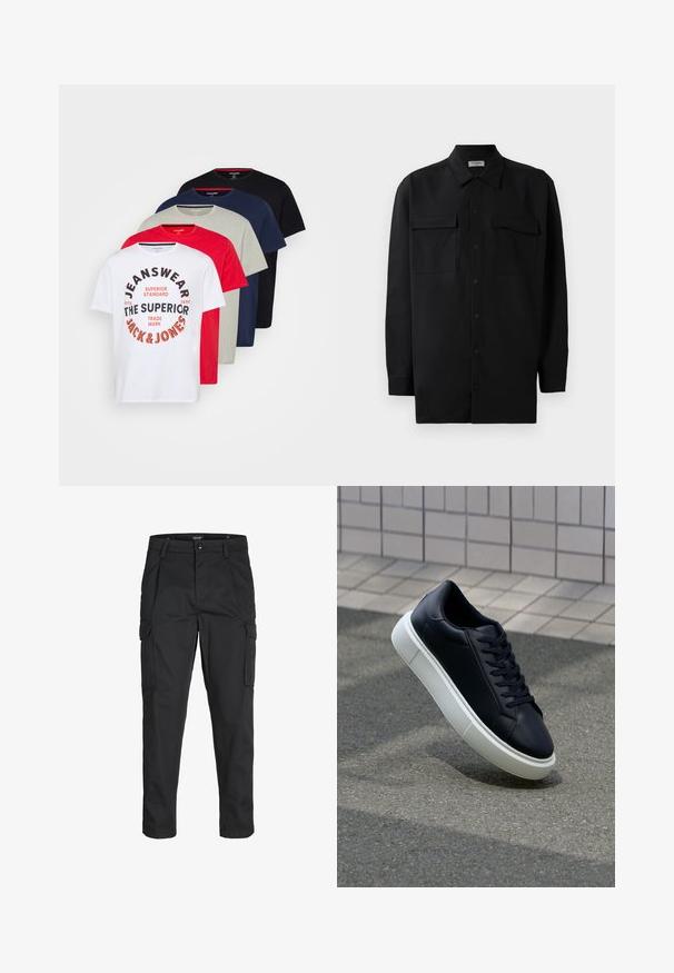 Viisi pyöreäkaulaista t-paitaa väreissä valkoinen, punainen, harmaa, laivastonsininen ja musta; valkoisessa paidassa on graafista tekstiä; 100% puuvilla, lyhyet hihat.; Musta napillinen paita, joka on valmistettu sileästä kankaasta. Paita sisältää klassisen kaulan, kaksi etutaskua ja pitkät hihat, joissa on nappivarat.; Mustat cargo-housut, jotka on valmistettu kestävästä kankaasta. Housuissa on useita taskuja, nappisulku ja kapea istuvuus, jossa on kapenevat lahkeet.; Mustat nahkakengät, joissa on pyöristetty kärki ja valkoinen kumipohja. Varusteena litteät nauhat ja minimaalinen ommel ylhäällä. Teksturoitu pohja pitävyyden lisäämiseksi.