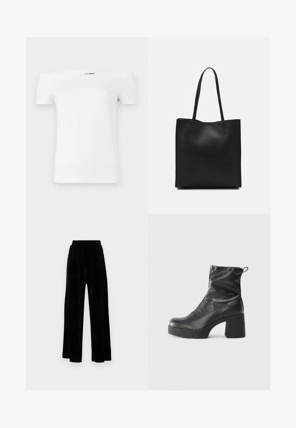 Hvit av-shoulder t-skjorte med korte ermer, laget av mykt bomullsstoff, med en tettsittende design og en rett bunnsøm.; Sorte vide bukser laget av myk vernet, med elastisk midjebånd og en jevn tekstur, uten synlige detaljer eller mønstre.; Svarte ankelstøvler laget av glatt lær, med glidelås på siden, chunky strukturert hæl, og rund tå-design.; Svart lær tote bag med glatt tekstur, rektangulær form og to lange håndtak. Ingen synlige deler eller dekorasjoner.
