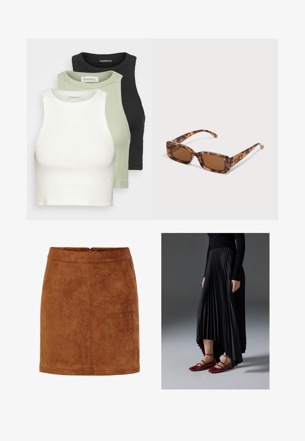 Sada troch ribovaných crop topov v bielej, svetlozelenej a čiernej farbe. Každý má okrúhly výstrih a bezrukávový dizajn. Mäkký bavlnený materiál.; Hnedá semišová mini sukňa s hladkým povrchom, rovnym strihom a diskrétnym zipsom na zadnej strane. Obsahuje švové detaily pre štruktúru.; Čierna plisovaná sukňa s vysokým a nízkym lemom, skombinovaná s lesklými červenými balerínami s dizajnom remienkov. Tkanina má hladkú textúru.; Rámik slnečných okuliarov z korytnačiny s obdĺžnikovými hnedými sklami, hrubým rámom a štíhlymi stranicami so vzorom rôznych odtieňov hnedej.; Strieborné kruhové náušnice s hladkým, lesklým povrchom. Kolový tvar a bezpečné klikanie na uzatváranie. Ľahký dizajn vhodný na každodenné nosenie.