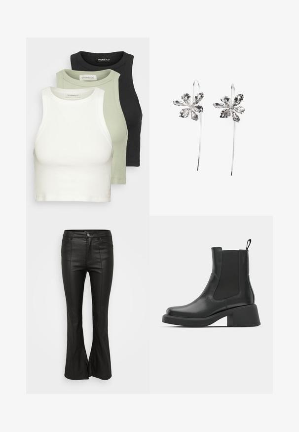 Sæt af tre ribbede crop tops i hvid, lysegrøn og sort. Hver bluse har en rund hals og uden ærmer. Blødt bomuldsstof.; Sorte udvidede bukser med en skinnende, læderlignende tekstur, der har frontlommer, knaplukning og slids i siderne ved kanten.; Sorte læder ankelstøvler med elastiske sidepaneler, afrundet tå og en kraftig blokhæl. Glat tekstur med et minimalistisk design.; Sølvringe formet som blomster med en struktureret overflade, der har lange kroge og kronblad-lignende detaljer for et indviklet design.