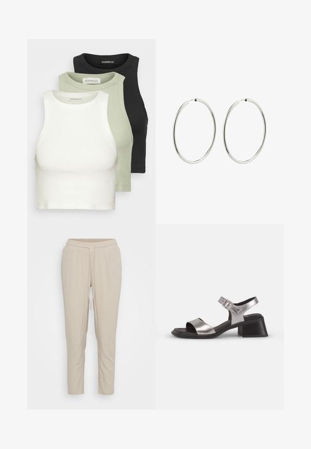 Set of three ribbed crop tops in white, light green, and black. Each features a round neck and sleeveless design. Soft cotton material.; Vero Moda Petite VMJESMILO ANKLE PANTS - Trousers - silver lining; Silver leather sandals with an open toe, featuring a wide front strap, ankle strap with buckle, and a medium block heel.; Silver hoop earrings with a smooth, polished finish. Circular shape, consistent width, designed for easy fastening. Simple and elegant.