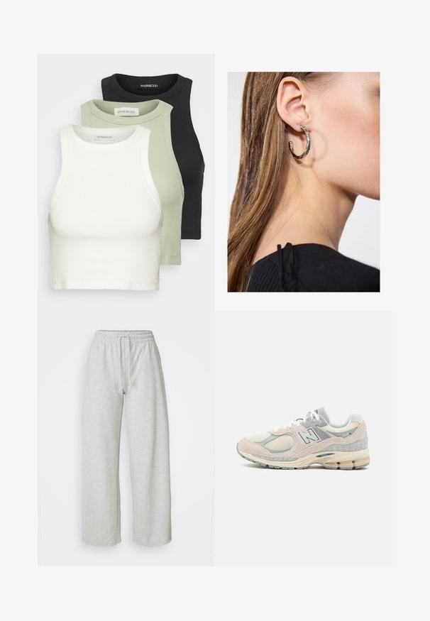 Set of three ribbed crop tops in white, light green, and black. Each features a round neck and sleeveless design. Soft cotton material.; Even&Odd Petite Tracksuit bottoms - mottled light grey; Light gray and tan New Balance sneaker with suede and mesh material, padded collar, thick sole, and reflective accents. Laced design.; Silver hoop earring with a polished finish, featuring small gold accent details and a round shape, worn on the lobe.