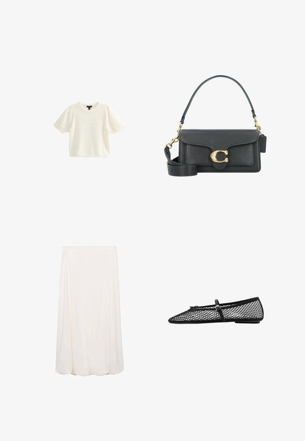 Korte mouwen, zacht wit trui met een gestructureerde stof, ronde halslijn en pofmouwen. Glad afwerking, casual ontwerp.; Witte, knielange rok met een vloeiende uitstraling en een zachte textuur. Eenvoudig ontwerp zonder zichtbare patronen of hardwaredetails.; Zwarte mesh balletflat met spitse neus, een decoratieve band en subtiele accenten. Heeft een open-net ontwerp en een platte zool.; Zwarte leren handtas met een gouden hardware accent, voorzien van een kenmerkende sluiting, een afneembare schouderband en een ge textureerd oppervlak.