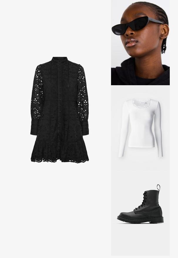 Balta garo piedurkņu ribotā blūze ar viļņotu mežģīņu apkakli un pieguļošu siluetu. Audums ir gluds ar mīkstu tekstūru.; Melna izšūta kleita ar augstu apkakli, pogu priekšējo daļu, garām piedurknēm un viļņotu apakšmalu. Satur izgriezumus ar ziedu un ģeometriskām rakstām.; Melnas ādas kaujas zābaki ar apaļu purngalu, auklām priekšā un cilpu potītes daļā. Iespējojums ir biezs gumijas zolei, kas nodrošina izturību.; Melnas kaķa acs saulesbrilles ar matētu apdari, kas izceļas ar elegantu dizainu un maigi izliektiem stūriem, fona attēlā ir modelis ar tumšām drēbēm.