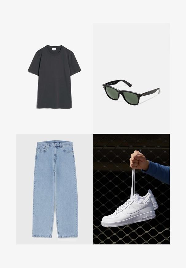 ARMEDANGELS MAARKUS SOLID - T-shirt basic - graphite; Lichtblauwe denim jeans met een recht model, voorzien van een middelhoge taille, vijf zakken en een knoop- en ritssluiting.; Witte leren sneakers met perforaties, ronde neus, vlakke zool en dikke veters, met een zichtbare swoosh-logo en "AIR" op de hiel.; Zwarte plastic zonnebril met groene lenzen, vierkante montuur, zilveren accent op de wenkbrauw en een gestructureerde tempel. Merken vermeld op de binnenkant van de arm.