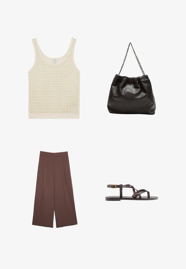 Majica brez rokavov v kremni barvi z ohlapnim, odprtim pletenjem in širokimi naramnicami. Končana z rebrastim robom, ki nudi teksturiran videz.; Rjave široke hlače z gladko teksturo, ki imajo visok pas in sprednje naborke. Tkanina je lahka in prosto pada.; Rjav usnjen sandal z načinom prečnega črta, zaklepom okoli gležnja in ravnim podplatom z minimalnimi šivi.; Rjava usnjena torba z nabranim vrhom in verižnim trakom. Gladka tekstura z sijajno površino in subtilnimi šivi na straneh.