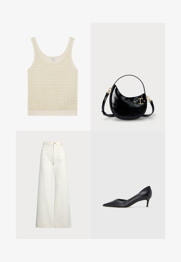 Krém színű ujjatlan felső laza, nyitott kötésmintával és széles vállpántokkal. Ribbelt szegéllyel végződik, amely texturált megjelenést kölcsönöz.; Széles szárú farmernadrág off-white denim anyagból. Magas derekú dizájn, gombos záródással, két elülső zsebbel és kontrasztos varrási részletekkel.; Fekete bőr magassarkú cipő hegyes orral és alacsony sarokkal. Sima felülettel és enyhe fényű kialakítással rendelkezik. Az elején nyitott részlet a fokozott díszítésért.; Fekete lakkbőr kézi táska, ívelt formával, állítható pánttal és aranyszínű fém részletekkel az oldalon. Simább, fényes felület.