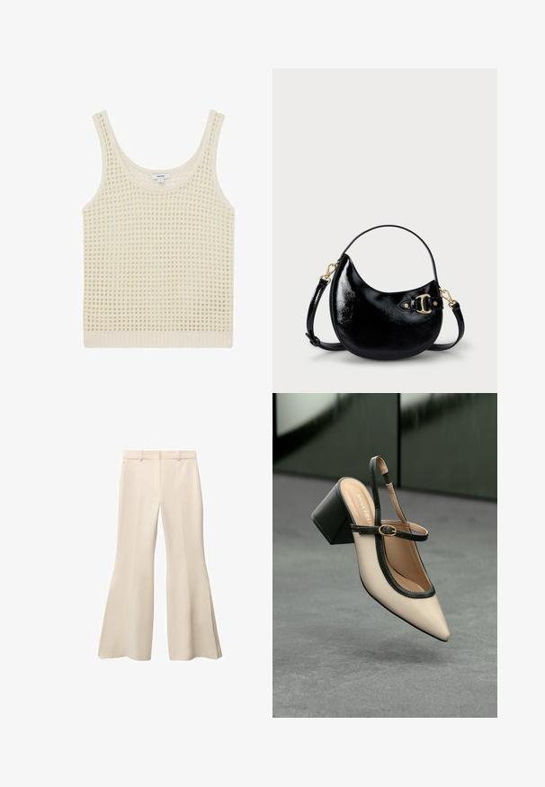 Crème-kleurige tanktop met een losse, open breipatroon en brede schouderbanden. Afgewerkt met een geribbelde zoom, wat zorgt voor een textuur aan het geheel.; Beige flare broeken met een gladde textuur, voorzien van een vlakke voorkant, riemlussen en diepe zijsplitsingen aan de zoom.; Beige puntige slingback schoen met zwarte rand, gouden gesp en een chunky blokhak op een grijze vloer met een donker groene achtergrond.; Zwarte gepatineerde leren handtas met een gebogen vorm, verstelbare schouderband en gouden hardwaredetails aan de zijkant. Gladde, glanzende textuur.