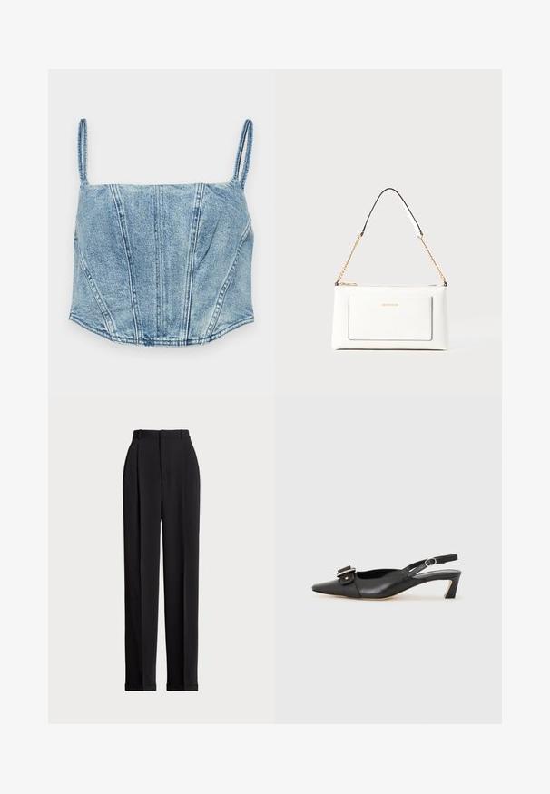 Svetlo modra denim kratka majica z tankimi naramnicami, strukturirane šive na telesu in rahlo ukrivljen rob. Ima gladko teksturo.; Črne krojene hlače z visokim pasom, z naborki spredaj, ravnim krojem in manšetami na koncu. Narejene iz gladkega materiala.; Črne usnjene slingback čevlje z ostrim nosom, majhnim petam in dekorativno sponko na zgornjem delu. Gladka tekstura, minimalistična zasnova.; Bela usnjena torbica z teksturirano površino, ki vključuje zlat pas in črne detajle. Ima sprednji žep in zadrgo.