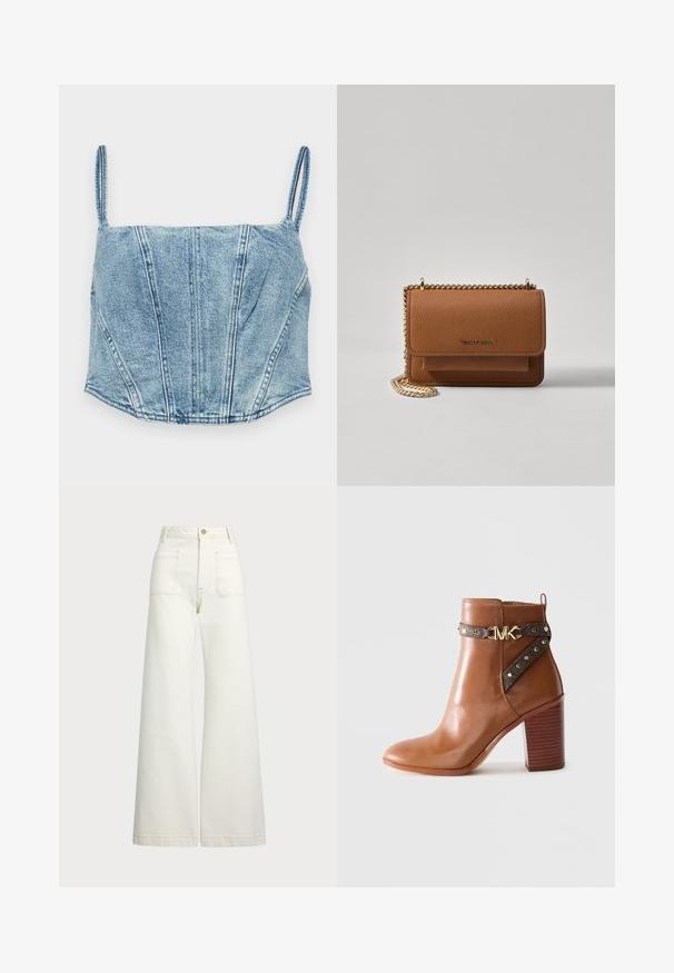 Lyseblå denim cropped topp med tynne stropper, strukturerte livsø seams og en svakt buet hem. Har en jevn tekstur.; Vidde bukser i off-white denim. Høyt liv-design med knappelukking, to frontlommer og kontrastsøm detaljer.; Brune lær ankle boot med stablet blokhæl, sidestraps med guldnitter og en guld "MK" logo spænde.; Brun teksturert lær crossover-veske med gullkjede-stropp og klaffelukking. Fronten har logo-detalj og en lomme under klaffen.