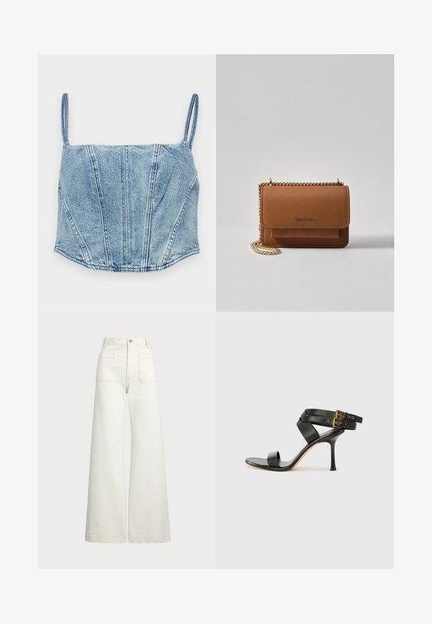 Lyseblå denim cropped topp med tynne stropper, strukturerte livsø seams og en svakt buet hem. Har en jevn tekstur.; Vidde bukser i off-white denim. Høyt liv-design med knappelukking, to frontlommer og kontrastsøm detaljer.; Svarte hælsandaler med kryssende stropper og justerbar spenne. Har en jevn tekstur og avsmalnende stilettoklakk.; Brun teksturert lær crossover-veske med gullkjede-stropp og klaffelukking. Fronten har logo-detalj og en lomme under klaffen.
