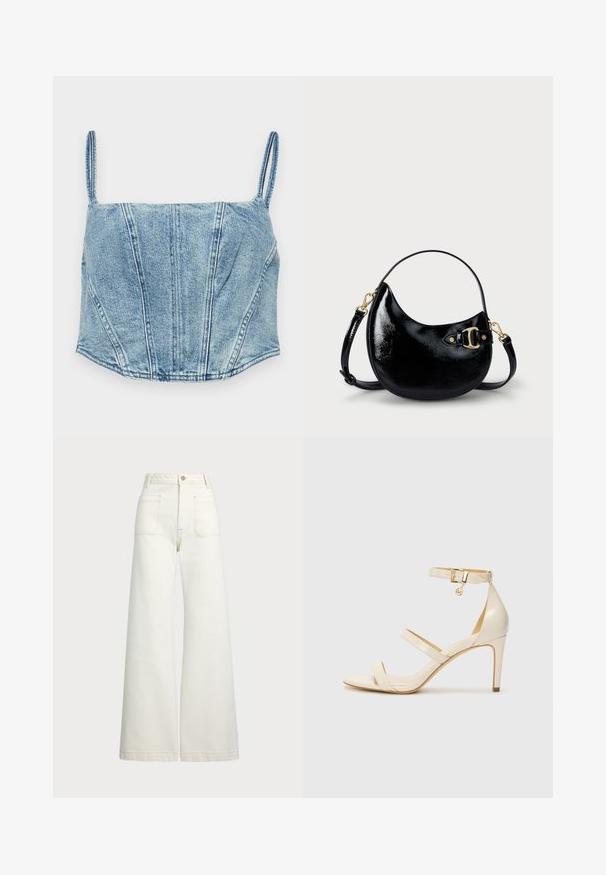 Lyseblå denim cropped topp med tynne stropper, strukturerte livsø seams og en svakt buet hem. Har en jevn tekstur.; Vidde bukser i off-white denim. Høyt liv-design med knappelukking, to frontlommer og kontrastsøm detaljer.; Beige høyhælte sandaler med tynn ankelstropp og to stropper over. Glanset lakkfinish og detaljer i gull på ankelstroppen.; Svart patentlærveske med buet form, justerbar stropp og detalj i gulltone på siden. Glatt, blank tekstur.